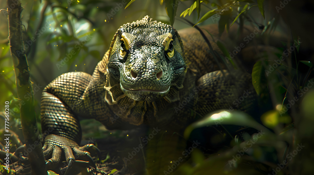 Stealthy Komodo dragon slinking through the underbrush, blending ...