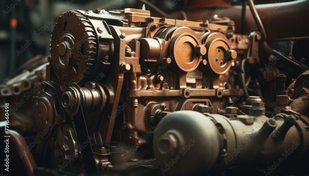 Fototapeta premium Industrial background. Engine of an old car. Industrial background
