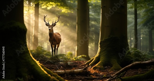 a beautiful nature shot in a forest, can see a dear looking back in the very very far distance