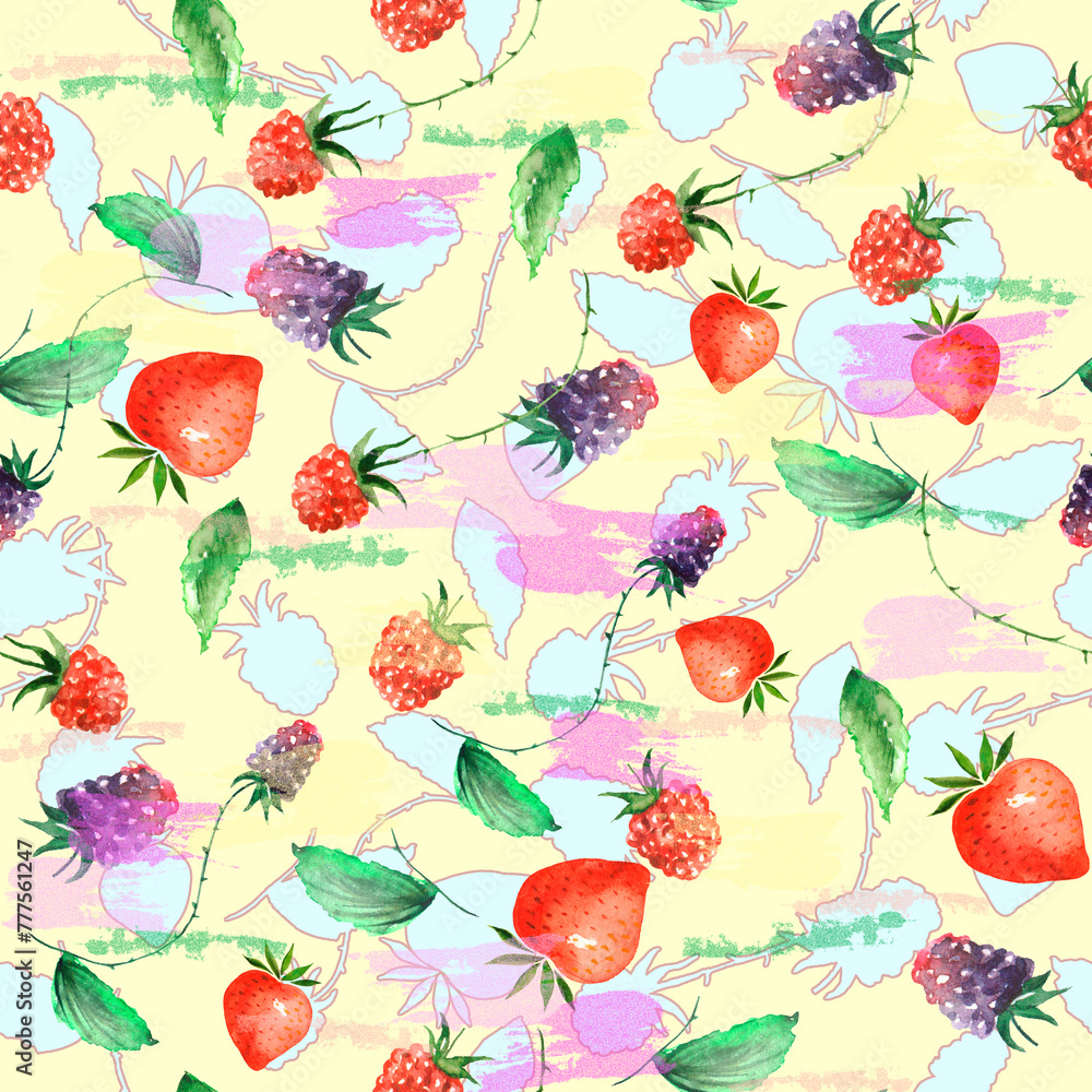 Vintage seamless watercolor pattern. Berry set - raspberries, blackberries, Strawberry, wild strawberries, green leaves, branches. Graphic background, trendy line design. Botanical illustration. 