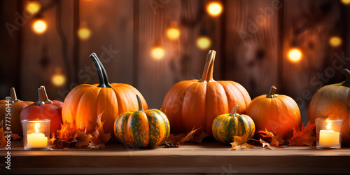 Thanksgiving decorations on wood table background, Thanksgiving themed background with autumn leaves and pumpkins 