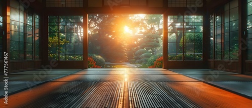 Digital art of tatami mats in a traditional dojo setting. Concept Digital Art, Tatami Mats, Traditional Dojo, Japanese style, Interior Design