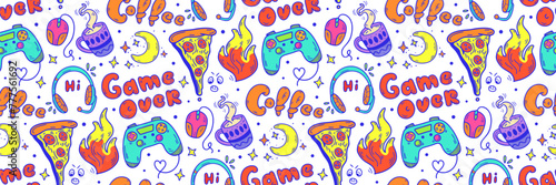 Game over seamless pattern. Hand Drawn Doodle teen activities, gamepad, coffee, pizza. Video Games and stream channel Background. Gadget icons Gaming cool print for boys and girls. Vector illustration