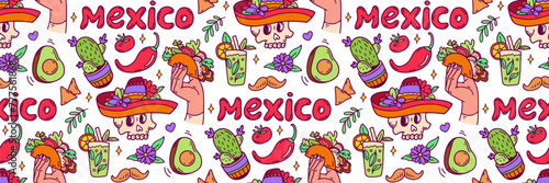 Fototapeta Naklejka Na Ścianę i Meble -  Mexico doodle seamless pattern. Cinco de mayo celebration background. Mexican food taco, avocado chili, tequila, sombrero scull and other culture elements. For wallpaper or fabric. Vector illustration