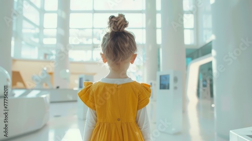 Young girl in a yellow dress exploring a bright modern space