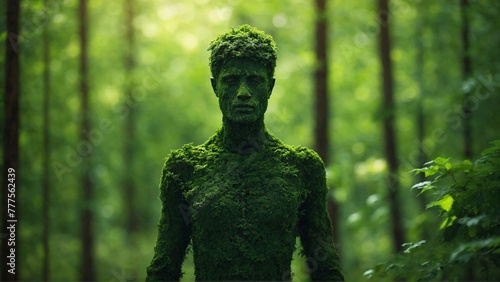 a green moss human silhouette merges with the forest, symbolizing people connection with the environment, eco-consciousness concept