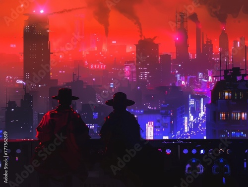 A detective duo, in silhouette, overlook the neonlit skyline of a futuristic city, pondering their next move