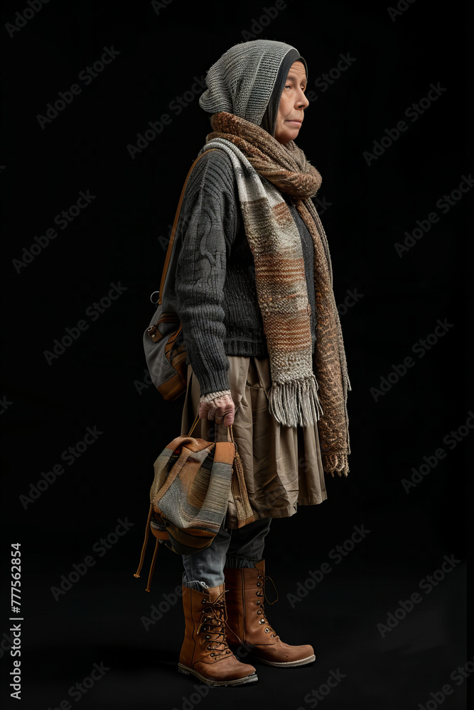 Naklejka premium Elderly Woman Embraces Winter Fashion with Warm Accessories Banner