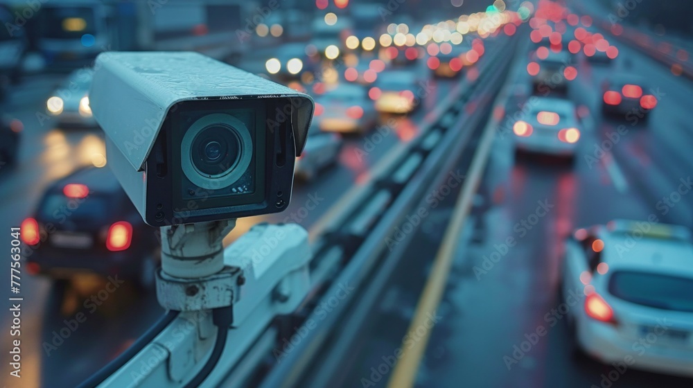 Security CCTV camera has focus and recording a lot of car on the road with traffic jam at night city Security CCTV camera has focus and recording a lot of car on the road with traffic jam at night city