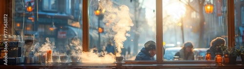 Cozy Coffee House Corner with Blurred Patrons and Steamy Mugs