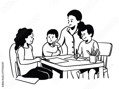A woman and kids drawing together or a woman show children to how to draw, dar care center concept vedtor drawing