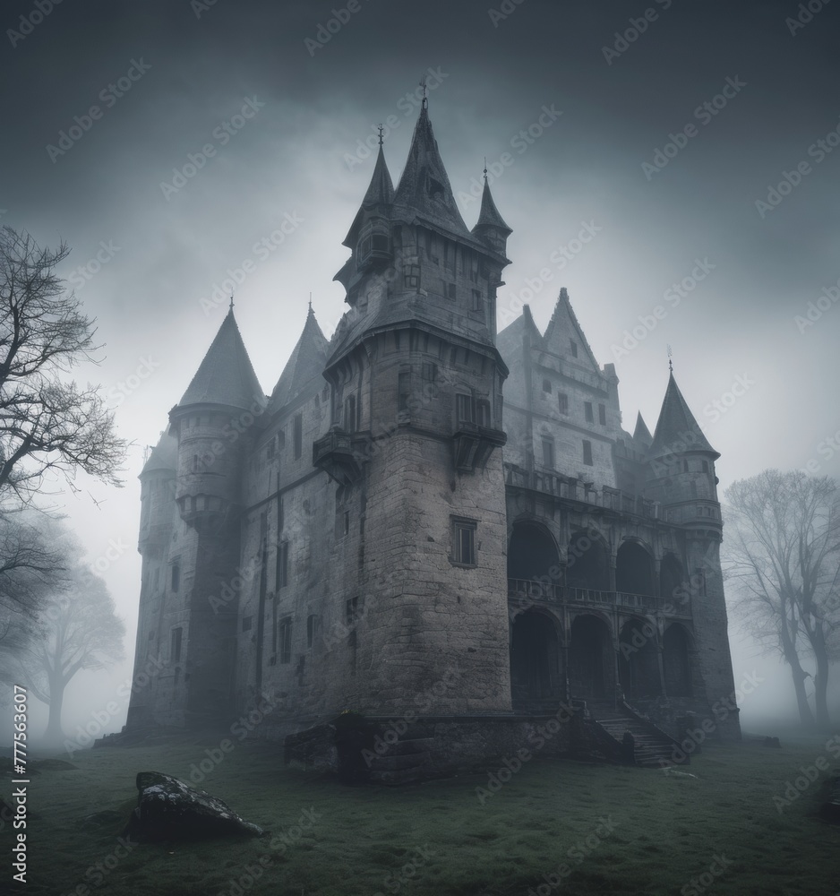 A lone medieval castle rises from the fog, as if guarding ancient secrets. The mist adds a touch of mystery to the silent historical sentinel. AI generation