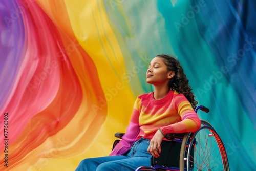 handicapped black girl on pride with a lot of negatiive space, banner for disability awareness month