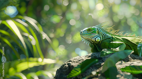 Vibrant green iguana basking on a sun-drenched rock amidst a blur of tropical foliage, inviting ample room for creative messaging