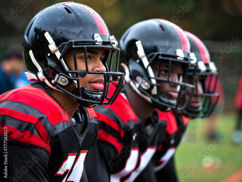 Side angle of American high school football players ready in equipment. © InputUX