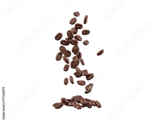 Falling roasted coffee beans isolated on transparent background