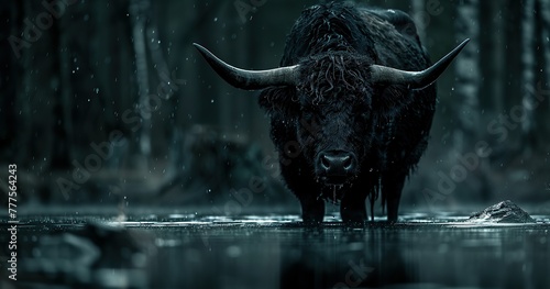 a black bull in dark forest  photo