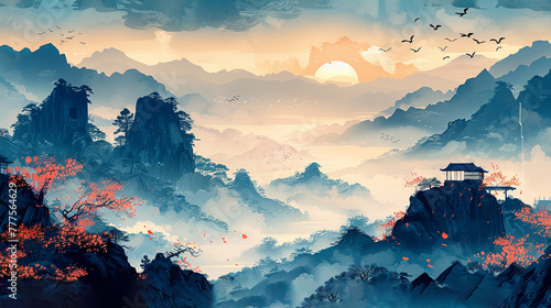 Traditional Chinese landscape painting. Traditional Chinese pattern background, heavy rain in the rainy season, flying swallows, distant mountains and rivers. Generated AI.
