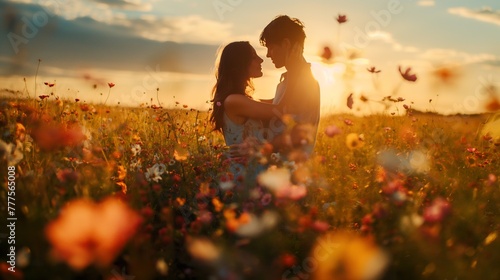 Romantic couple silhouette against sunset in flowers, for commercial wedding backgrounds, a tableau of love