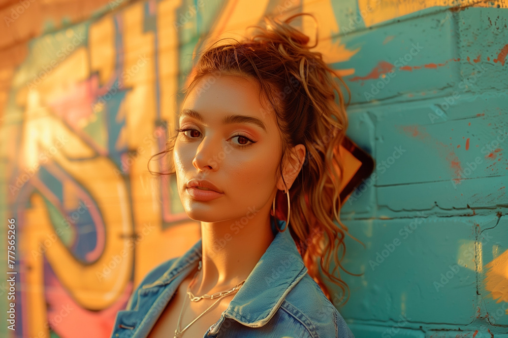 Fototapeta premium Graffiti Glamour: Latin Female wearing in a Denim Jacket Posing Against a Colorful Urban Mural, with Sunset's Natural Light. Analog Fashion Style 