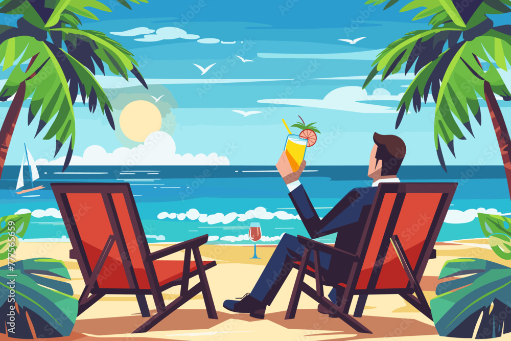 Businessman taking well-deserved break, enjoying workplace holiday and vacation by relaxing on beach with tropical drink - obrazy, fototapety, plakaty 