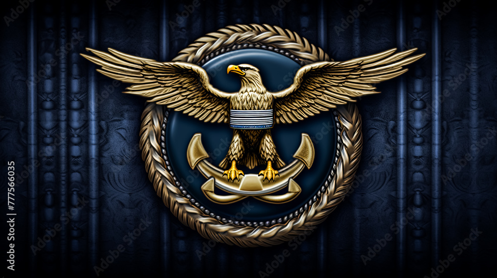 A gold eagle with a shield on its chest is displayed on a blue background. A gold eagle with a shield on its chest is displayed on a blue background.