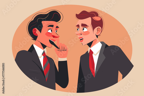 Businessman whispering secrets and spreading rumors, contributing to workplace gossip and harmful information about colleagues