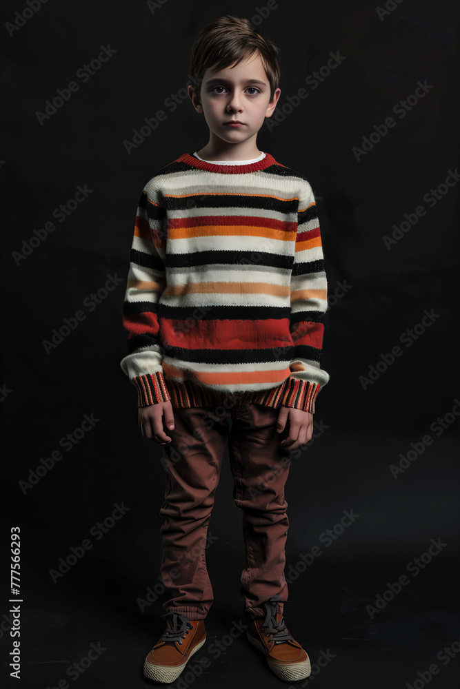 Serious Young Boy in Striped Sweater Posing for Portrait Banner