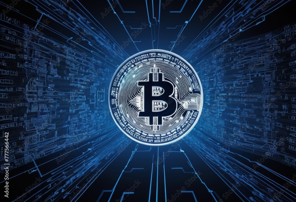 A glowing Bitcoin core thrives within a hightech tunnel of data