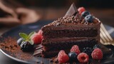 A decadent chocolate truffle cake, with layers of rich chocolate sponge cake, velvety ganache, and smooth chocolate mousse, garnished with 