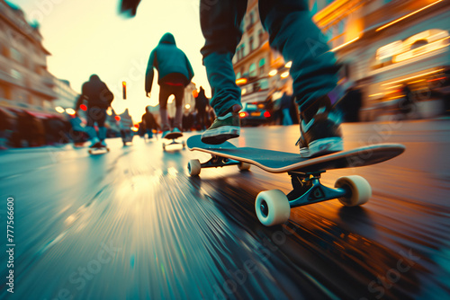 Skate Sport Action: Skateboarder making Movement with Zoom Burst, Low-Angle Shot, against Evening Light Transition