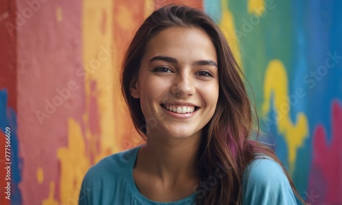 Portrait of a young woman with a bright smile, set against a vibrant multicolored graffiti wall. Her casual teal t-shirt complements the lively background, highlighting her joyful expression. AI © Anastasiia