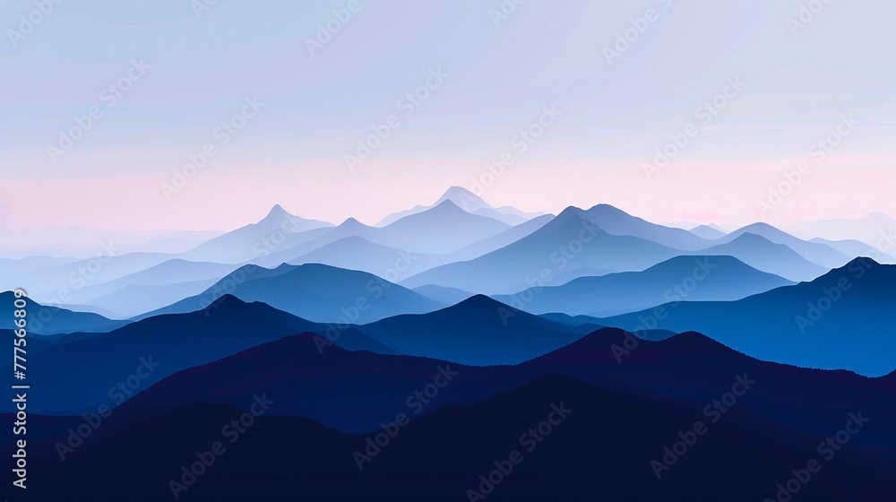 Serene Mountain Horizon: Minimalist Landscape Capturing Layers of Blue Hues, Evoking Tranquil Dusk Setting with Gradient Sky