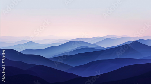 Tranquil Mountain Vista  Minimalistic Scene Featuring Layers of Blue Tones  Creating Peaceful Evening Ambiance with Gradual Sky Shift