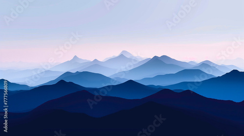 Serene Mountain Horizon: Minimalist Landscape Capturing Layers of Blue Hues, Evoking Tranquil Dusk Setting with Gradient Sky © padnob