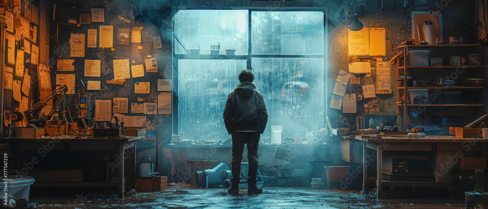 Man stands in a room with a window, looking out at the rain Man stands in a room with a window, looking out at the rain