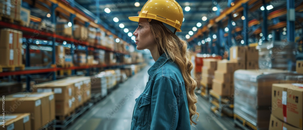 A woman in a yellow hard hat stands in a warehouse A woman in a yellow hard hat stands in a warehouse