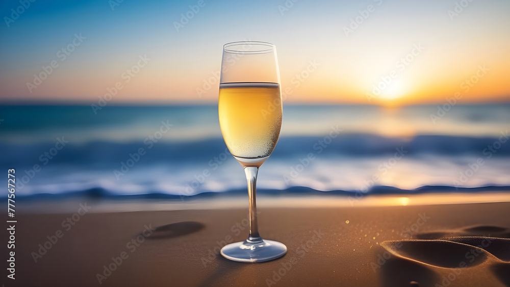 Romantic beach evening on sunset with glass of champagne standing on sand