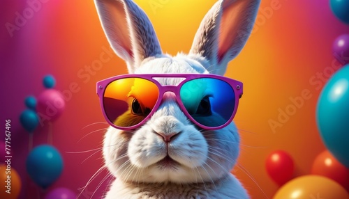 A charming bunny in sunglasses strikes a pose with colorful balloons, showcasing a playful and festive spirit against an orange backdrop.