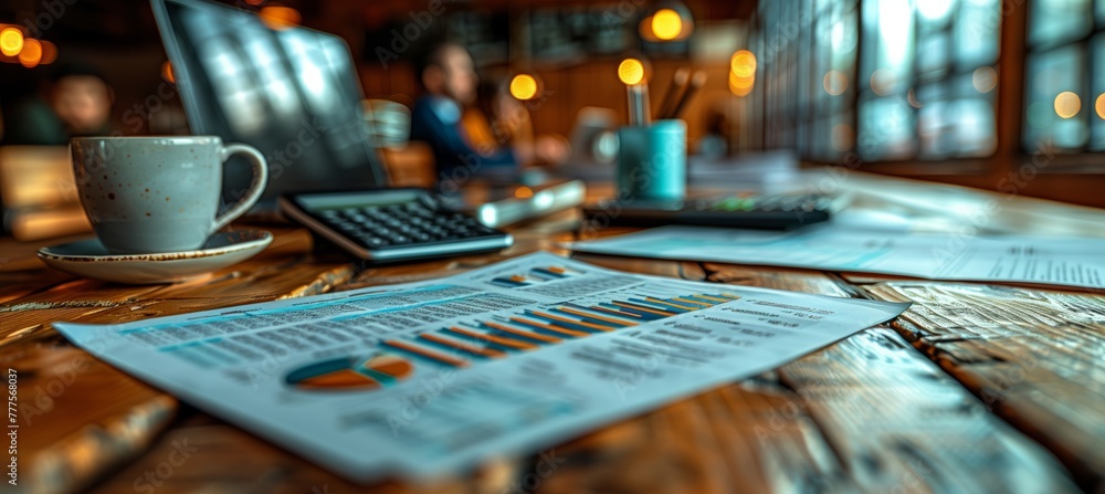 A wooden table with tableware including a cup of coffee, a calculator, and papers on it, serving as a property of the buildings interior design