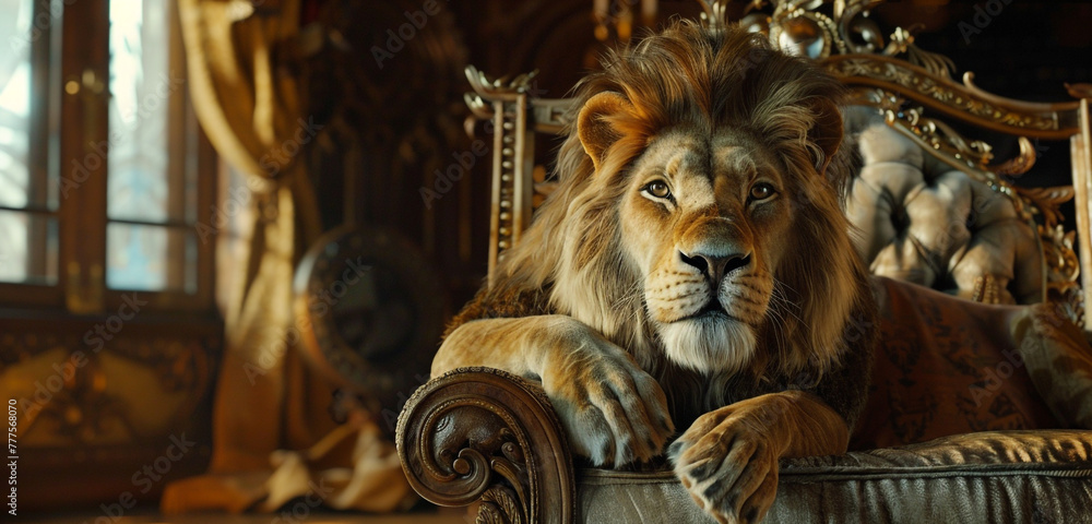 A lion perches on an opulent armchair, exuding a sense of regal authority as it looks intently into the camera from its magnificent crown