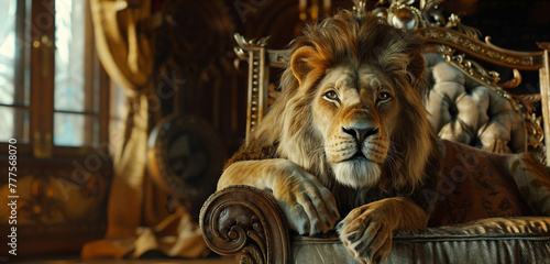 A lion perches on an opulent armchair  exuding a sense of regal authority as it looks intently into the camera from its magnificent crown