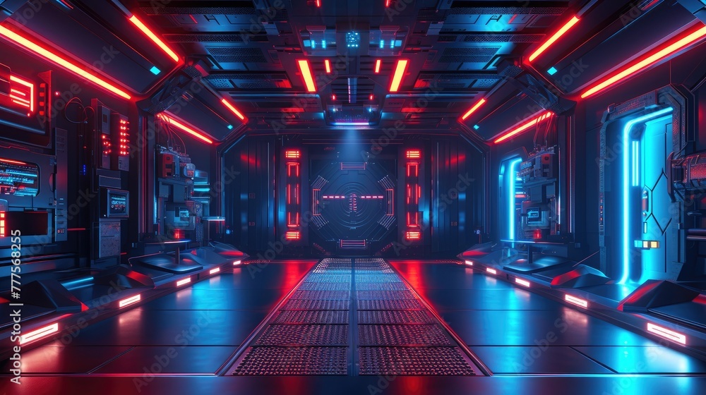 Immersive Virtual Reality: Dark Room with Futuristic Neon Lighting