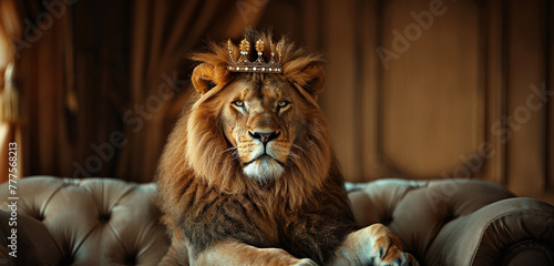 A lion wearing a magnificent crown and resting majestically on an armchair