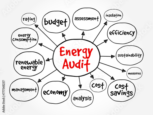 Energy Audit is a comprehensive assessment of energy usage and efficiency within a building, facility or system, mind map text concept background