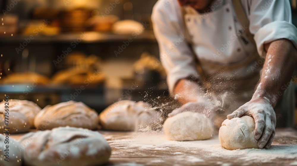 Baker kneads dough on flour-dusted surface in professional kitchen with baked goods background