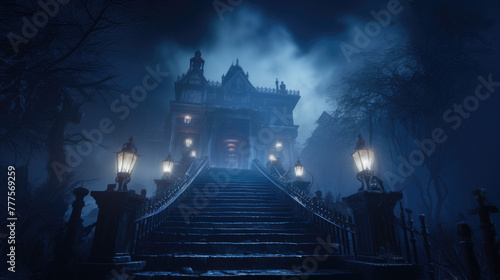 Background for a scary fairy tale background  a dark gothic haunted mansion castle in a dark dead valley with a forest around and snow. Halloween background with a spooky and ancient church