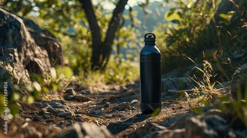  a water bottle on a hiking trail.