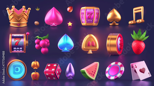 Set of Slot game icon on dark background, Illustration.