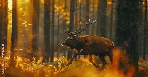 a deer running in a luxuriant european forest at spring dawn, still from a movie, alexa camera, sublime light, photographic animal, 